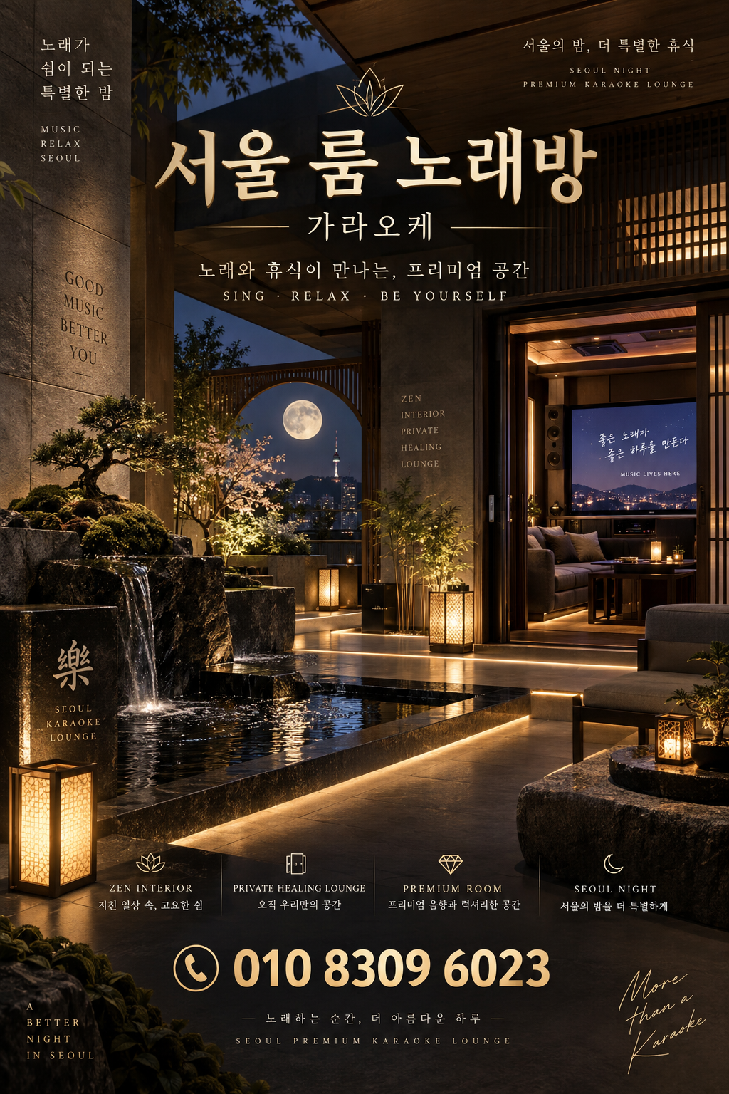 신천동 가라오케 · 서울 룸 노래방 홍보 포스터, 정원과 달빛 라운지